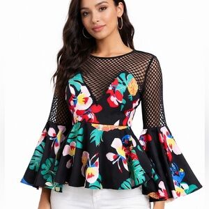 Floral Colorful Mesh Peplum Top